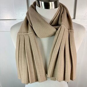 Tarnish Ribbed Knit Scarf Beige Pleated Ends 100% Merino Wool One Size